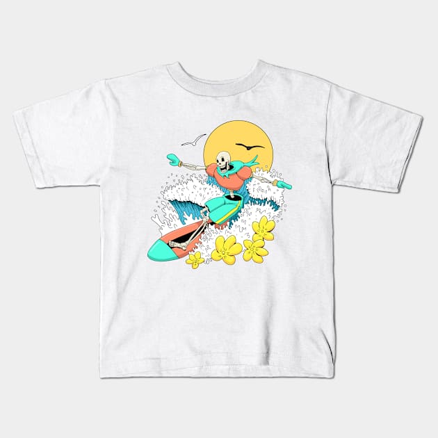 Surfing Papyrus from Undertale Kids T-Shirt by halegrafx